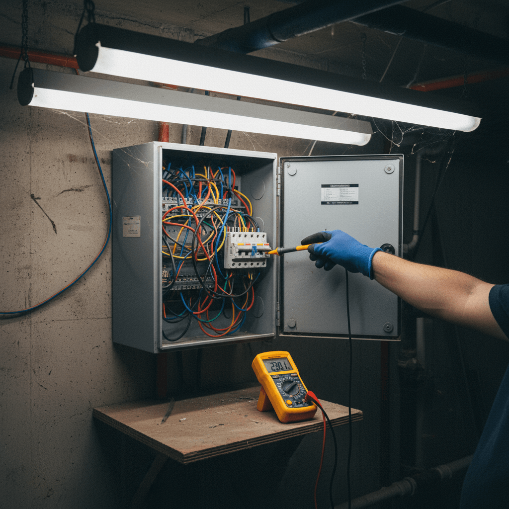 Fachmann prüft Sicherungskasten mit modernem Messgerät